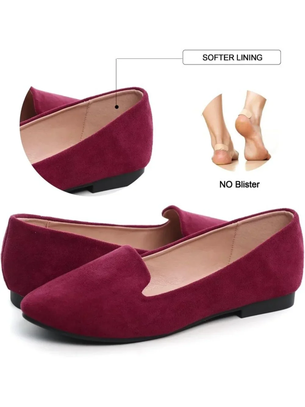 Women's Burgundy Round Toe Comfortable Low Heel Slip On Loafer Ballet Flat Shoes
